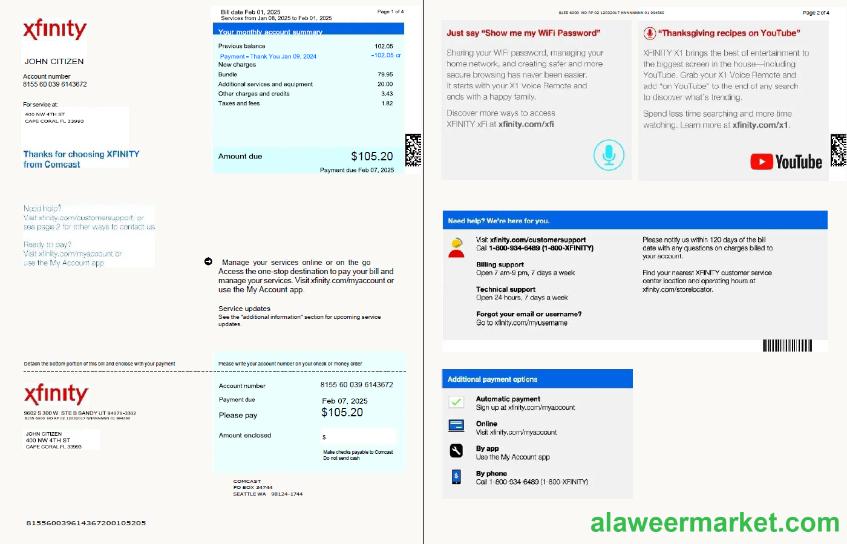USA Xfinity utility bill template in Word and PDF formats, 4 pages, version 3, 1-2 pages